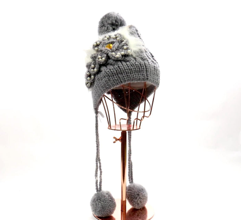 Knitted Rhinestone/Pearl Flower Pom Pom Beanie #FLOBEA3 (PC)