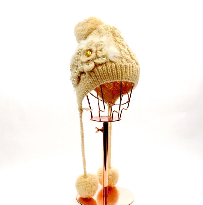 Knitted Rhinestone/Pearl Flower Pom Pom Beanie #FLOBEA3 (PC)