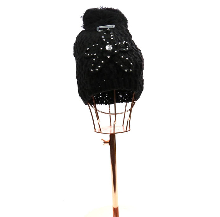 Knitted Rhinestone Flower Pom Pom Beanie #HT17965 (PC)