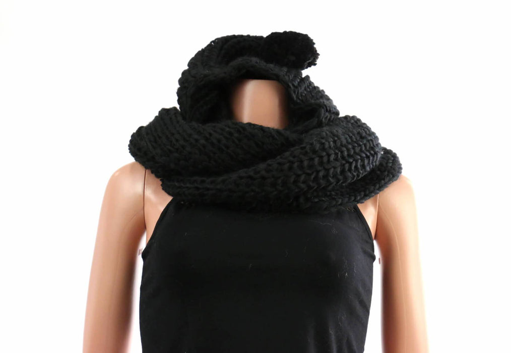 Knitted Pom Pom Hood Scarf / Black #LKSF14673BK (PC)