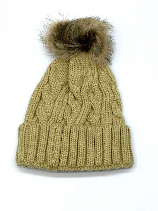 #AO321 Pom Pom Khaki Beanie w/ Brown Pom Pom